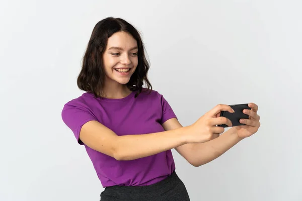 Adolescente Ucraniano Chica Aislado Fondo Blanco Jugando Con Teléfono Móvil —  Fotos de Stock
