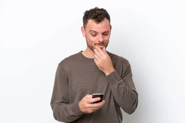 Young Brazilian Man Isolated White Background Thinking Sending Message — Stock Photo, Image