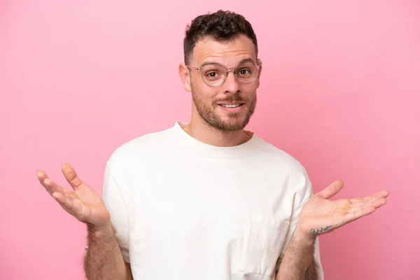 Young Brazilian Man Isolated Pink Background Glasses Having Doubts — Stock Photo, Image
