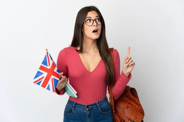 Подросток Бразильянка Флагом Великобритании Изолированным Белом Фоне Думает Идее Указывая — стоковое фото
