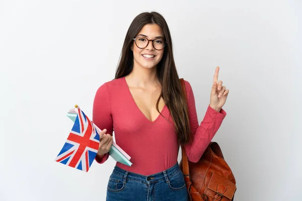 Подростковая Бразильская Девушка Флагом Великобритании Белом Фоне Указывая Отличную Идею — стоковое фото