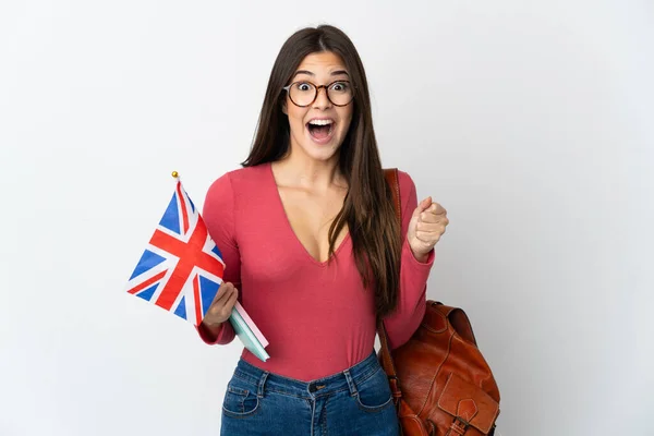Teenager Brazilská Dívka Drží Vlajku Spojeného Království Izolované Bílém Pozadí — Stock fotografie