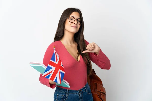 Подростковая Бразильская Девушка Флагом Великобритании Белом Фоне Гордая Самодовольная — стоковое фото