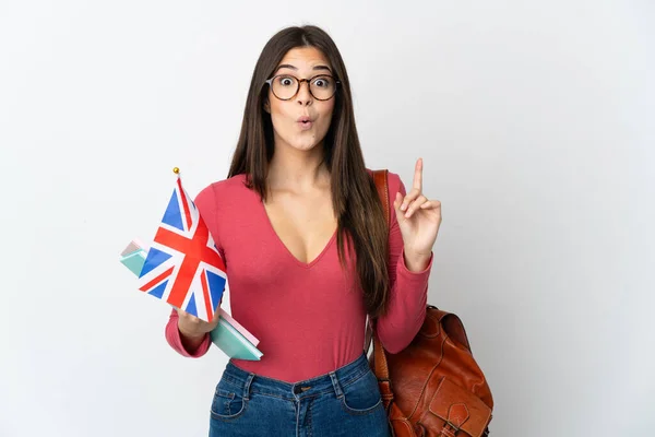 Подростковая Бразильская Девушка Флагом Великобритании Изолированным Белом Фоне Намеревается Реализовать — стоковое фото