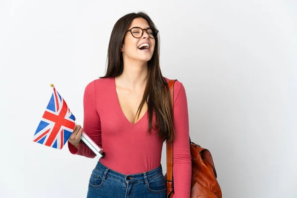 Подростковая Бразильская Девушка Флагом Великобритании Белом Фоне Смеется — стоковое фото