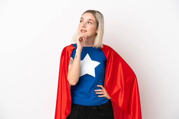 Young Caucasian Woman Isolated White Background Superhero Costume Thinking — Stock Photo, Image
