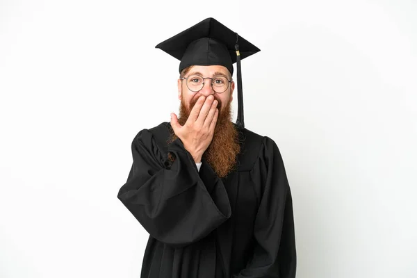 Junge Universitätsabsolventen Rötlichen Mann Isoliert Auf Weißem Hintergrund Glücklich Und — Stockfoto