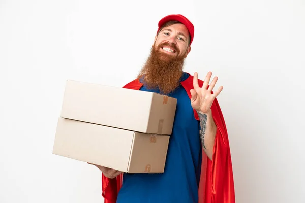 Super Hrdina Dodání Načervenalý Muž Izolované Bílém Pozadí Šťastný Počítání — Stock fotografie