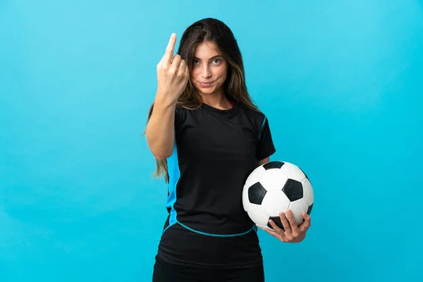 Jovem Jogador Futebol Mulher Isolada Fundo Azul Fazendo Gesto Vindo — Fotografia de Stock