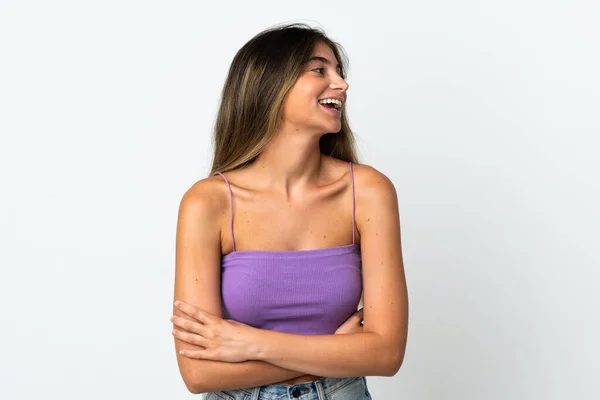 Jeune Femme Caucasienne Isolée Sur Fond Blanc Heureux Souriant — Photo