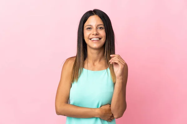 Caucasian Girl Isolated Pink Background Laughing — Stock Photo, Image