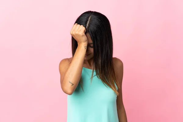 Caucasian Girl Isolated Pink Background Headache — Fotografia de Stock