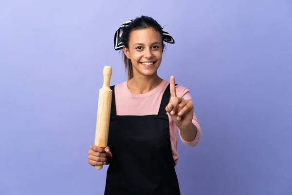 Jonge Vrouw Chef Kok Uniform Tonen Heffen Van Een Vinger — Stockfoto