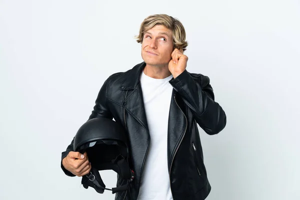 英語男保持Aオートバイヘルメット不満とカバー耳 — ストック写真