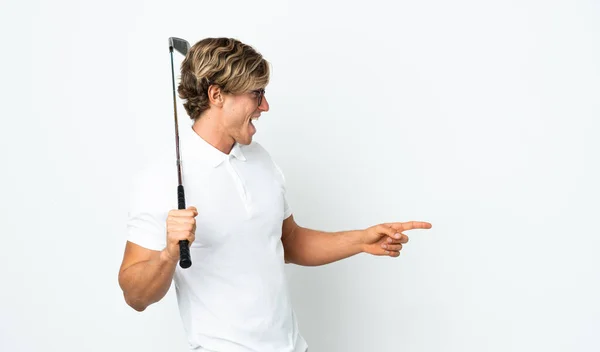 Anglais Homme Jouant Golf Pointant Doigt Sur Côté Présentant Produit — Photo
