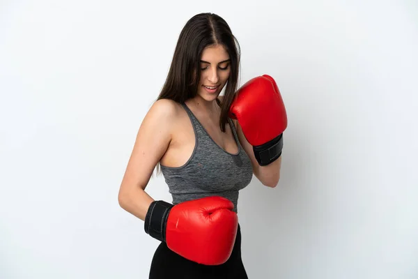 Junge Kaukasische Frau Isoliert Auf Weißem Hintergrund Mit Boxhandschuhen — Stockfoto