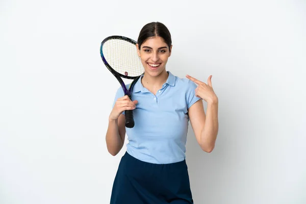 Bello Giovane Tennista Donna Caucasica Isolato Sfondo Bianco Dando Pollice — Foto Stock