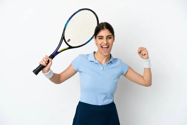 Молода Біла Жінка Ізольована Білому Тлі Грає Теніс Пишається Собою — стокове фото