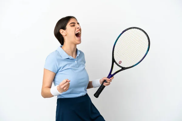 Joven Mujer Caucásica Aislada Sobre Fondo Blanco Jugando Tenis Celebrando —  Fotos de Stock