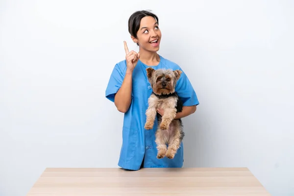 Young veterinarian woman with dog on a table isolated on white background intending to realizes the solution while lifting a finger up