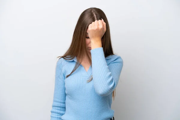 Jeune Femme Lituanienne Isolée Sur Fond Blanc Avec Mal Tête — Photo