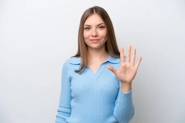 Mladý Litevský Žena Izolovaný Bílém Pozadí Počítání Pět Prsty — Stock fotografie