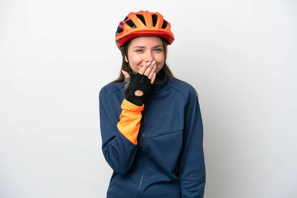 Молодая Велосипедистка Литовская Женщина Белом Фоне Счастливая Улыбающаяся Закрывая Рот — стоковое фото