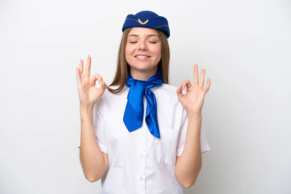 Flugzeug Litauische Stewardess Isoliert Auf Weißem Hintergrund Zen Pose — Stockfoto