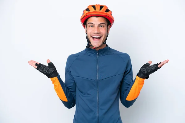 Joven Ciclista Caucásico Aislado Sobre Fondo Blanco Con Expresión Facial —  Fotos de Stock