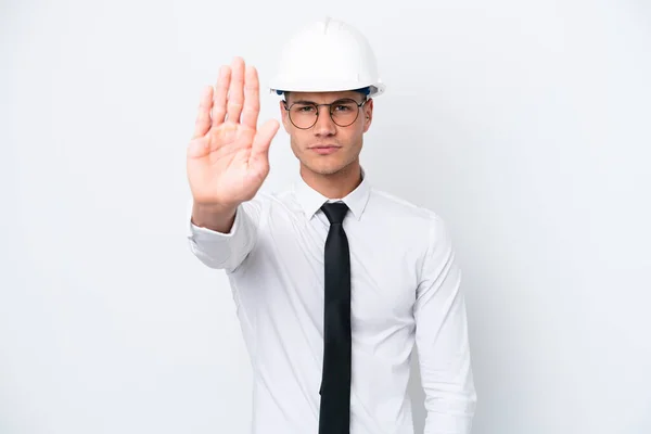 Young Architect Caucasian Man Helmet Holding Blueprints Isolated White Background — Stock Photo, Image