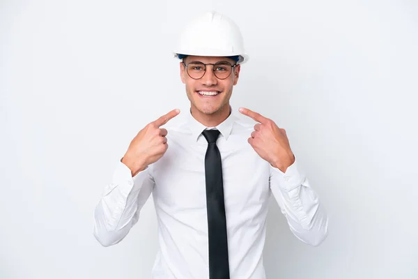 Young Architect Caucasian Man Helmet Holding Blueprints Isolated White Background — Stock Photo, Image