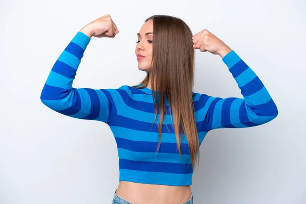 Young Caucasian Woman Isolated White Background Doing Strong Gesture — Stock Photo, Image