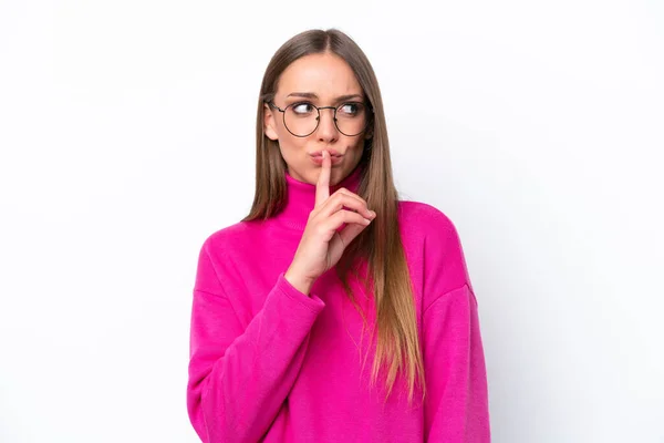 Young Caucasian Woman Isolated White Background Showing Sign Silence Gesture — Stock Photo, Image