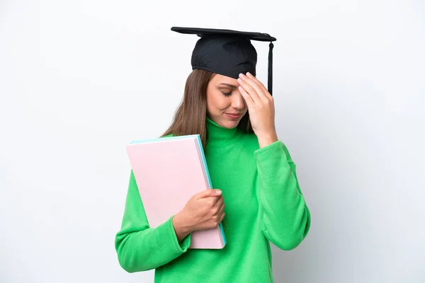 Mladý Student Kavkazský Žena Izolovaný Bílém Pozadí Smích — Stock fotografie