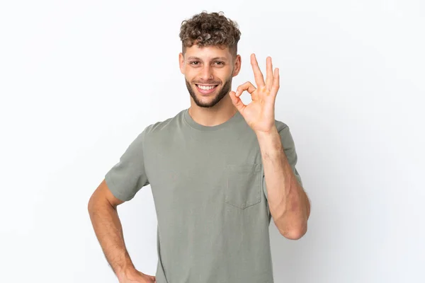 Young Caucasian Handsome Man Isolated White Background Showing Sign Fingers — Stock Photo, Image