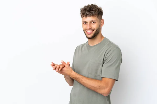 Young Caucasian Handsome Man Isolated White Background Applauding — Stock Photo, Image