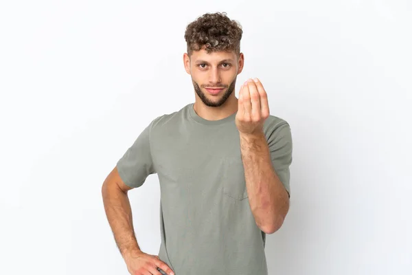 Young Caucasian Handsome Man Isolated White Background Making Italian Gesture — Stock Photo, Image