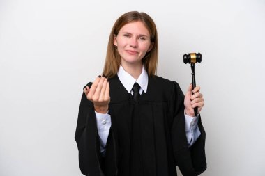 Yargıç İngiliz kadın, beyaz arka planda izole edilmiş, davet edilmeye hazır. Gelmene sevindim.