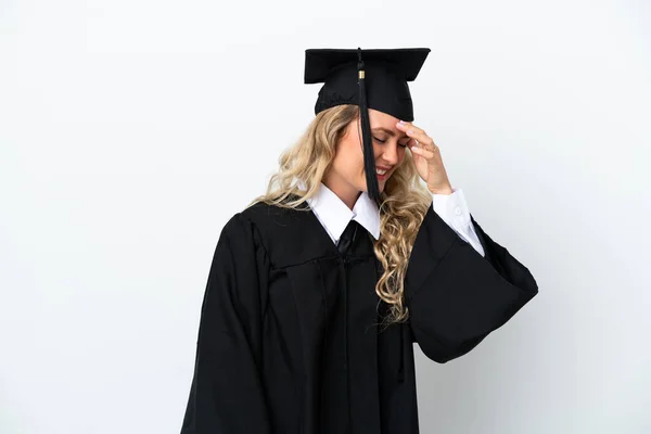 Jovem Universitária Graduada Mulher Isolada Fundo Branco Rindo — Fotografia de Stock