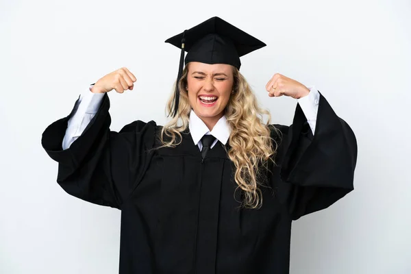 Jovem Universitária Graduada Mulher Isolada Fundo Branco Fazendo Gesto Forte — Fotografia de Stock