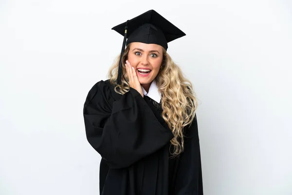 Jovem Universitária Graduada Isolada Fundo Branco Com Surpresa Expressão Facial — Fotografia de Stock
