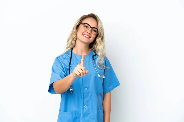 Brasilianischer Chirurg Doktor Frau Über Isolierten Hintergrund Zeigt Und Hebt — Stockfoto