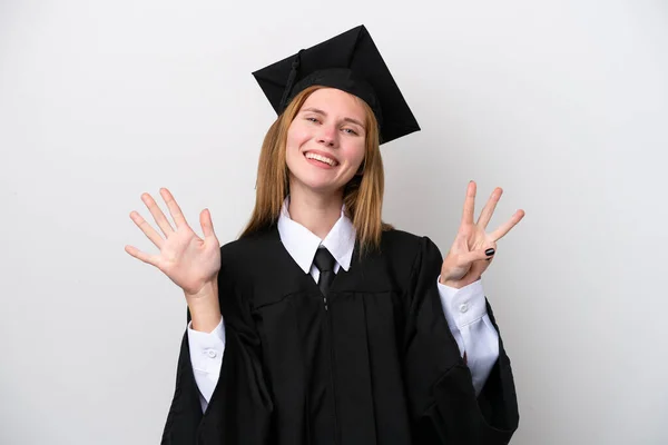 Jong Universiteit Afgestudeerd Engels Vrouw Geïsoleerd Witte Achtergrond Tellen Acht — Stockfoto