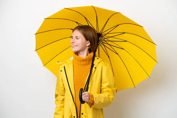 Mujer Inglesa Joven Con Abrigo Impermeable Paraguas Aislado Sobre Fondo — Foto de Stock