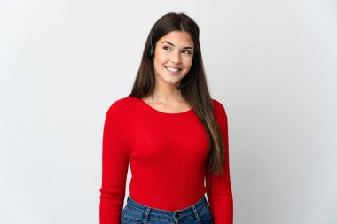 Genç Brezilyalı tele pazarlamacı kız izole edilmiş geçmişine bakıyor ve gülümsüyor