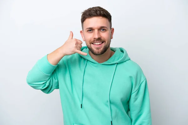 Homem Caucasiano Jovem Isolado Fundo Branco Fazendo Gesto Telefone Chama — Fotografia de Stock