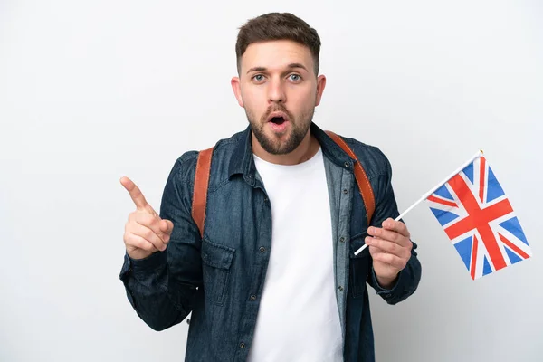 Giovane Uomo Caucasico Che Tiene Una Bandiera Del Regno Unito — Foto Stock