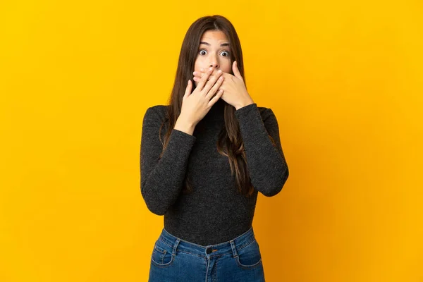Teenager Brazilian Girl Isolated Yellow Background Covering Mouth Hands — Stock Photo, Image