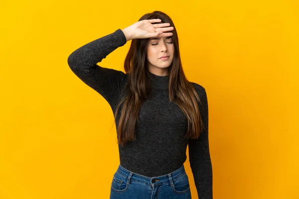 Teenager Brazilian Girl Isolated Yellow Background Tired Sick Expression — Stock Photo, Image