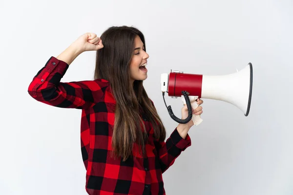 Teenager Brasilianisches Mädchen Isoliert Auf Weißem Hintergrund Schreit Durch Ein — Stockfoto